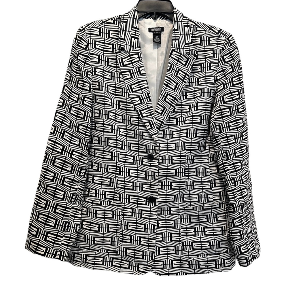 Black White Geometric Print Linen Blazer Two Button Jacket Metrostyle Size 14 T